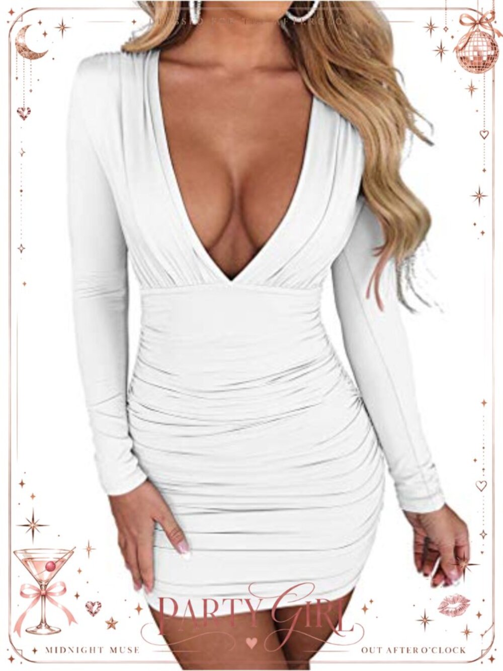 Sexy Ruched V-Neck Long Sleeve Bodycon Mini Club Dress